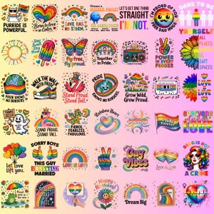 Może przedstawiać: Kolekcja kolorowych naklejek i grafik o tematyce Pride. Projekty obejmują tęcze, serca, flagi i różne hasła, takie jak "Love is Love" i "Pride Forever". Naklejki zawierają różnorodne obrazy i przesłania inkluzywności.