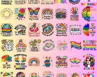 May include: A collection of colorful Pride-themed stickers and graphics. Designs include rainbows, hearts, flags, and various slogans such as "Love is Love," "Gay Vibes," and "Pride Forever." The stickers feature diverse imagery and messages of inclusivity.