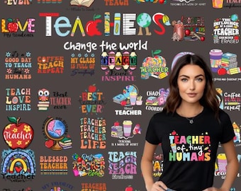 May include: A black t-shirt with the text "Teacher of Tiny Humans" in colorful letters. The image features various teacher-themed graphics and text, including apples, pencils, and inspirational quotes. The woman in the image is wearing the shirt.