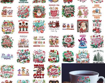 May include: A selection of Christmas-themed designs, including mugs, ornaments, and stickers. The designs feature festive text and graphics like Santa Claus, snowmen, and holiday phrases. The image also shows a white mug with the words "Merry and Bright".
