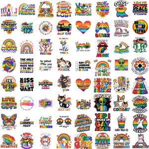 Op de afbeelding: Een verzameling kleurrijke stickers met LGBTQ+ pride thema's. Ontwerpen omvatten regenbogen, harten, katten en zinnen als "Love is Love", "Gay Pride" en "Be You". Perfect voor het decoreren van laptops, waterflessen of notitieboekjes.