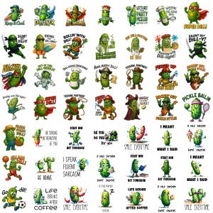 May include: A collection of colorful cartoon pickle stickers with various phrases and designs. Some stickers feature pickles with cowboy hats, superhero capes, and holding musical instruments. Text includes "Keep & Cool" and "Smile Everytime."