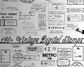 May include: A collection of over 190 vintage digital stamps in black and white. The stamps include library tickets, movie tickets, and various seals with text such as "Public Library" and "Metro 178".
