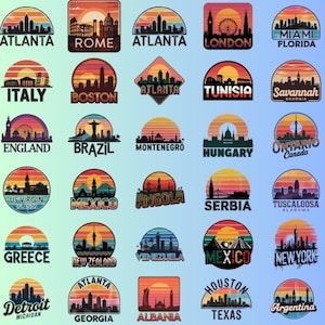 30+ Retro Cityscape Sublimation Clipart, Instant Download, Commercial Use