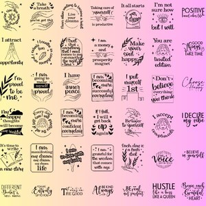 May include: Collection of black and white inspirational quote stickers with various designs, including hand-drawn illustrations and motivational phrases. The stickers are on a gradient pink and yellow background.