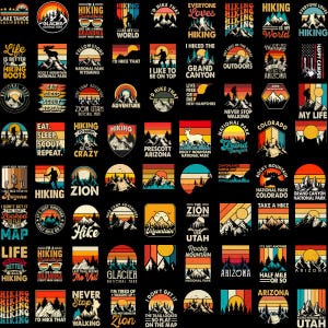 May include: A collection of 40 retro-style graphic designs featuring hiking, camping, and national parks. The designs feature mountains, trees, sunsets, and text in various colors, including red, orange, yellow, blue, and green.