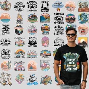 May include: A collection of 25 colourful camping and adventure themed graphic designs. The designs feature mountains, trees, sunsets, and other nature-inspired elements. The designs are perfect for use on t-shirts, mugs, tote bags, and other merchandise.
