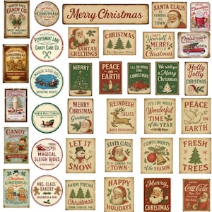May include: A collection of vintage-style Christmas signs with various festive messages and imagery. The signs feature Santa Claus, reindeer, Christmas trees, and holiday greetings in red, green, and white on a distressed background.