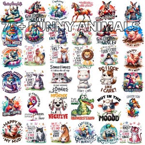 Pode incluir: Uma coleção de mais de 75 ilustrações de animais engraçados com vários ditados. As ilustrações apresentam animais como um porco, um gato, um cão, uma vaca, um cavalo, um pato, um flamingo, um rinoceronte, um leão, um tigre, uma cabra e muito mais. Os ditados incluem "Modo Chill Ativado", "Eu não me importo", "Às vezes leva-me o dia todo para fazer alguma coisa", "Paciência Justificada", "Eu sou Negativo", "Não estou no clima", "Acima do Ruído", "Feliz na minha lama", "Galope com graça", "Capturando Momentos Quacktastic", e muito mais.