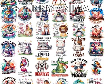 Paquete PNG de animales sarcásticos: diseños con frases divertidas (archivos digitales)