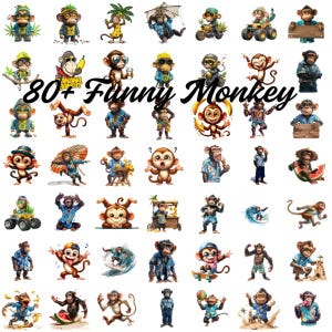 May include: A collection of 80+ funny monkey illustrations. The monkeys are depicted in various poses and activities, including wearing hats, sunglasses, playing instruments, and riding bicycles. The illustrations are colorful and whimsical.