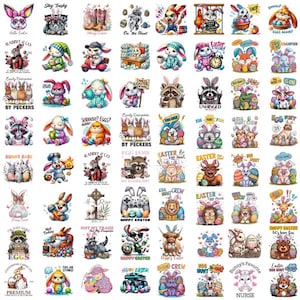 May include: A collection of 48 colorful Easter-themed sublimation designs featuring bunnies, raccoons, chicks, and other animals. The designs include various phrases and sayings related to Easter, such as "Bunny Babe", "Egg Hunt Crew", and "Easily Distracted by Peckers".