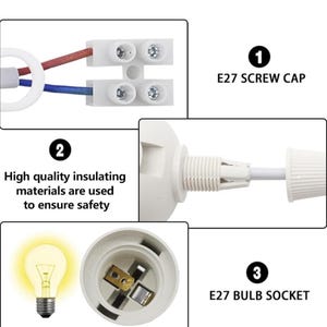 May include: Detailed image of electrical components, including an E27 screw cap, bulb socket, and wiring. The image highlights the use of high-quality insulating materials for safety. The components are white, with red and blue wires visible.