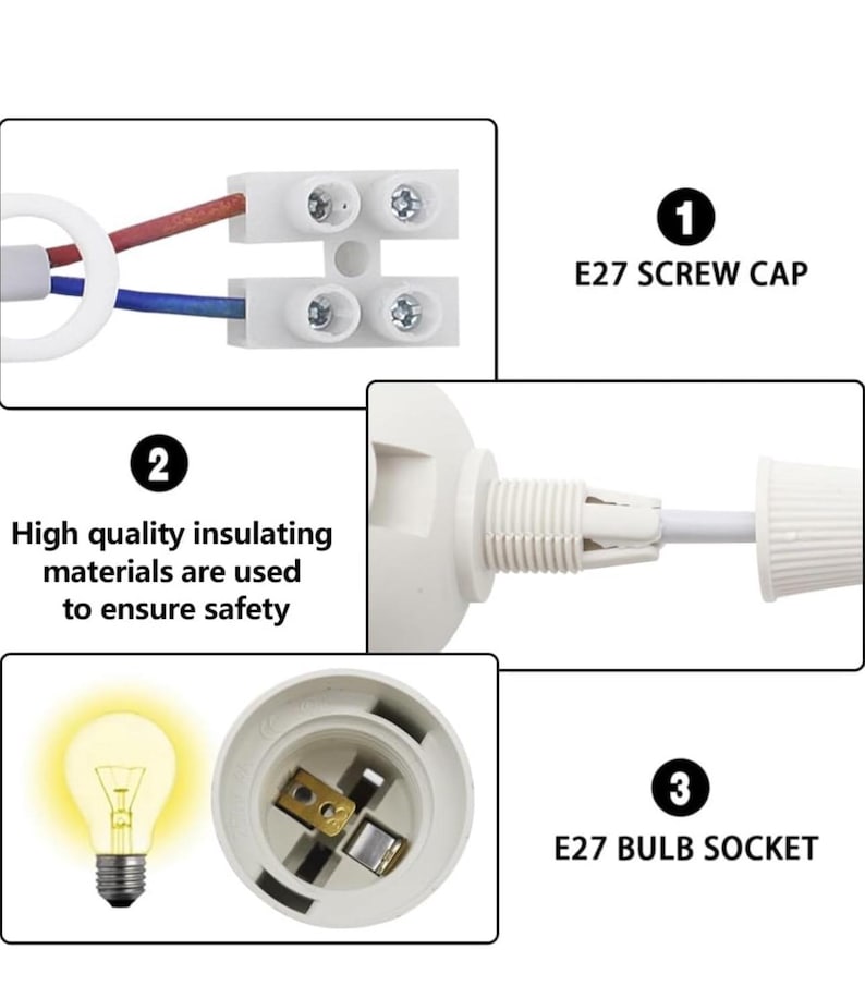 May include: Detailed image of electrical components, including an E27 screw cap, bulb socket, and wiring. The image highlights the use of high-quality insulating materials for safety. The components are white, with red and blue wires visible.