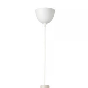 May include: A white pendant light fixture with a rounded shade and a long, thin cord. The fixture has a simple, modern design and is suspended from the ceiling. The cord is white and the base is a light beige color.