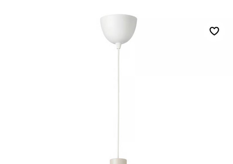 May include: A white pendant light fixture with a rounded shade and a long, thin cord. The fixture has a simple, modern design and is suspended from the ceiling. The cord is white and the base is a light beige color.