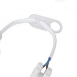 May include: A white electrical connector with a curved design. The connector has two white terminals and wires with blue and brown insulation. The design is simple and modern.