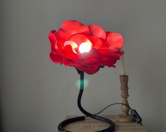 Handmade Red Rose Lamp – Flower Table Lamp – Romantic Floral Light – Unique Home Decor Gift