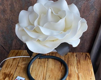 White Flower Lamp – Handmade Bedside Table Light – Black Stem – Cozy Home & Bedroom Decor