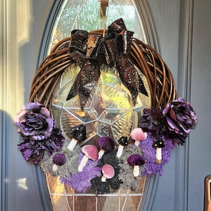 Gothic Mushroom Wreath: Purple Flowers & Black Glitter Bow - Halloween Decor