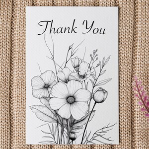 Danke Blumen Karte, schwarz weiss, Drucker freundlich, digitaler Download, 4 x 6 Zoll