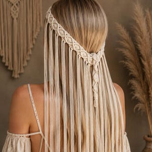 May include: A cream-colored macrame headpiece featuring a woven band with circular patterns and long, straight fringe strands that drape down the back. The accessory is constructed from knotted cotton cord and includes a central braided detail.