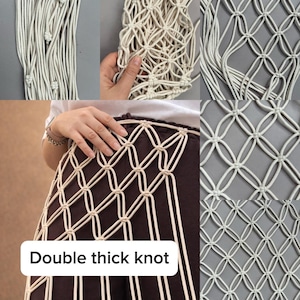 May include: A cream-colored macrame overlay featuring a repeating diamond-shaped grid pattern created with cord. The design includes a double thick knot detail. The textile is layered over dark brown fabric, showcasing the intricate knotted structure.