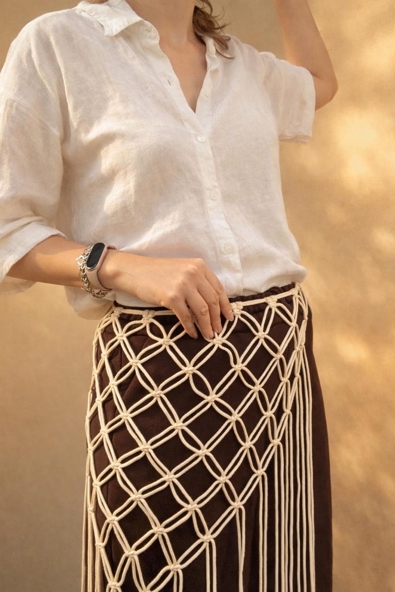 May include: A white button-down shirt paired with a dark brown skirt featuring an off-white macrame overlay. The macrame layer is constructed with a diamond-shaped knotted grid pattern and long, vertical fringe strands hanging from the bottom edge.