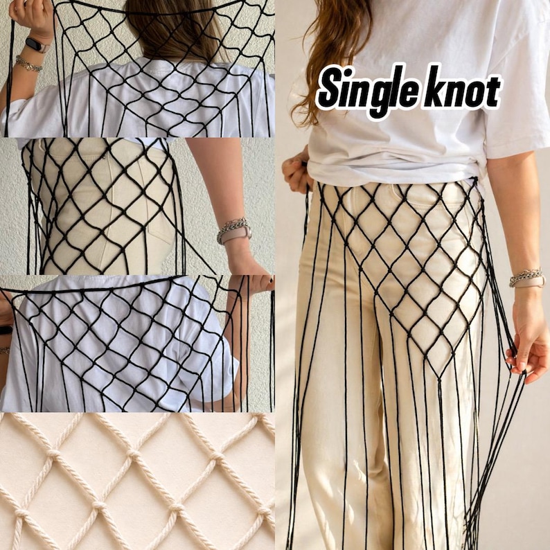 May include: A black macrame net skirt overlay featuring a single knot pattern. The garment is worn over a white t-shirt and light-colored pants. The net consists of a diamond-shaped grid of black cord, with long vertical fringe strands extending downward.