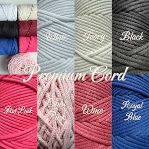 May include: A collection of premium cord spools in various colors including white, ivory, black, hot pink, light pink, wine, and royal blue. Each spool features a braided texture, and the image includes text labels for each color option.