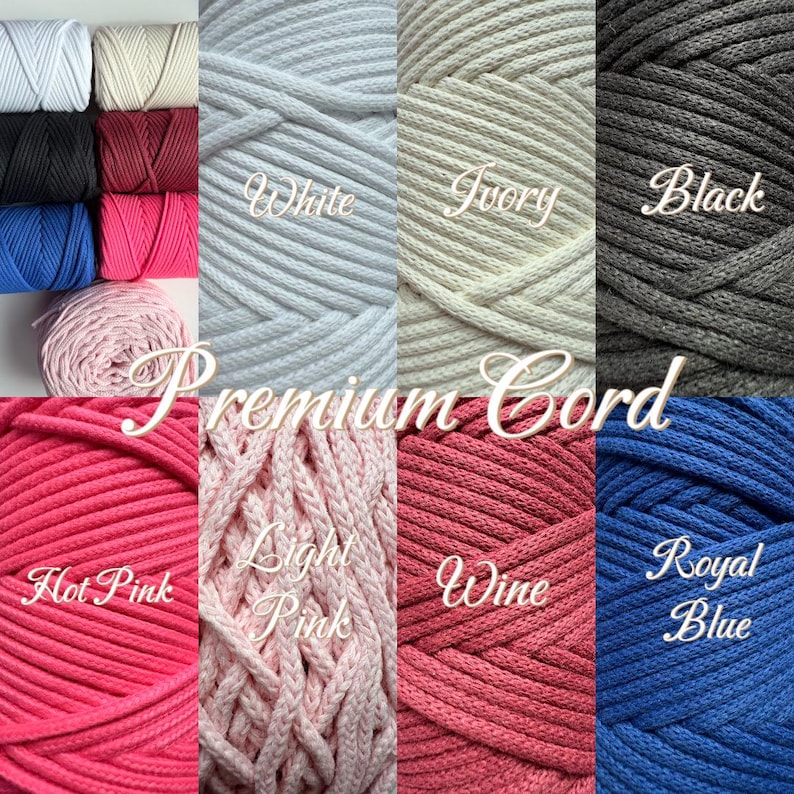 May include: A collection of premium cord spools in various colors including white, ivory, black, hot pink, light pink, wine, and royal blue. Each spool features a braided texture, and the image includes text labels for each color option.