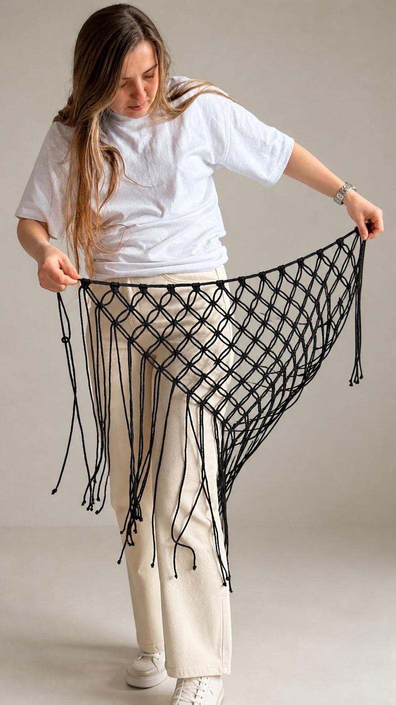 Handmade Macrame Hip Scarf Belt – Boho Fishnet Waist Wrap with Fringe – Fishnet Cover Up – Burning Man Outfit image 14