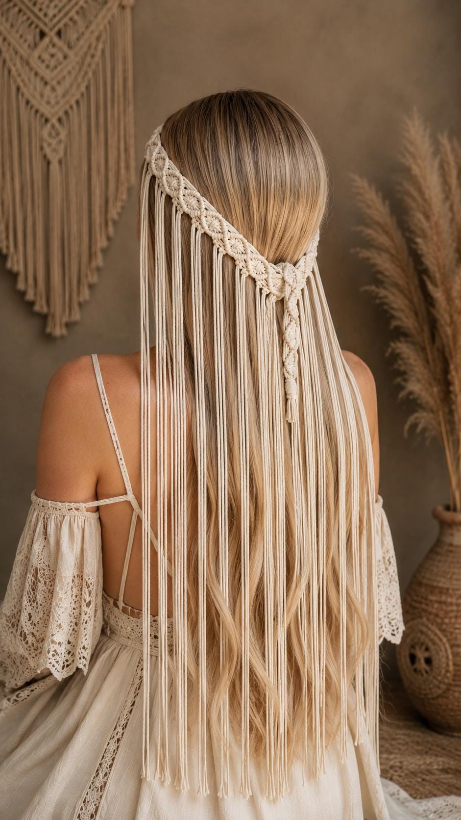Handmade Boho Macrame Hair Drape, Fringe Headpiece, Cotton Wedding Accessory