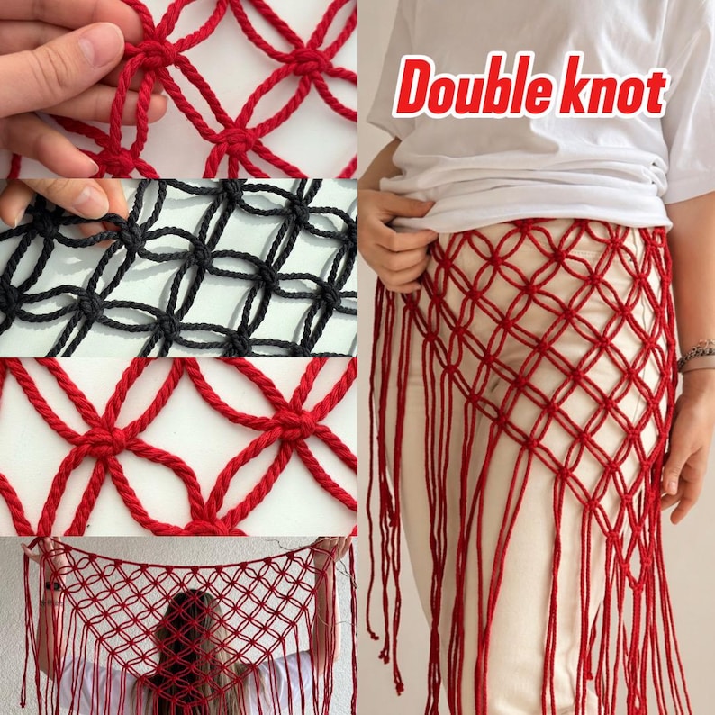 May include: A red macrame net skirt featuring a double knot pattern with long fringe detailing. The garment is worn over white pants and a white t-shirt. The text Double knot is visible in the upper right corner of the image, alongside close-up views of the red and black knotted cord construction.