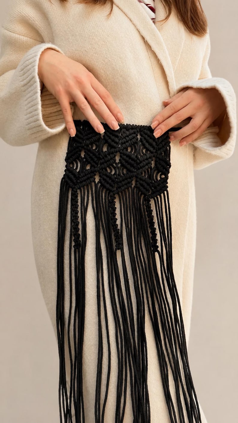 Handmade Macrame Hip Scarf Belt – Boho Fishnet Waist Wrap with Fringe – Fishnet Cover Up – Burning Man Outfit Chevron belt