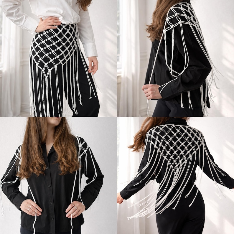 May include: A white macrame overlay featuring a diamond-shaped grid pattern and long, dangling fringe. This versatile piece is shown worn over a white button-down shirt with black trousers and also layered over a black long-sleeve shirt and pants.