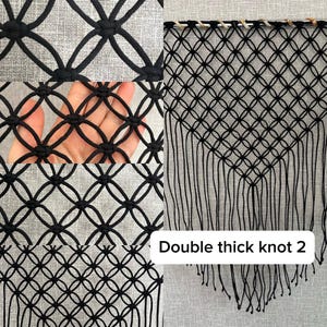 May include: A black macrame wall hanging featuring a repeating diamond pattern created with double thick knots. The textile art is suspended from a horizontal rod and terminates in a series of long, loose vertical fringe strands. Text reads: Double thick knot 2.