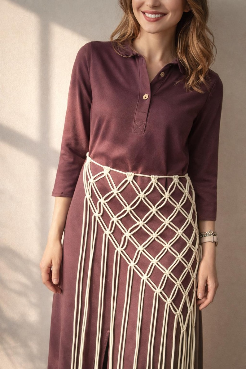 May include: A dark plum-colored long-sleeved collared dress with a button-up placket, featuring an off-white macrame overlay tied around the waist. The macrame piece has a diamond-patterned knotted design with long, vertical hanging fringe.
