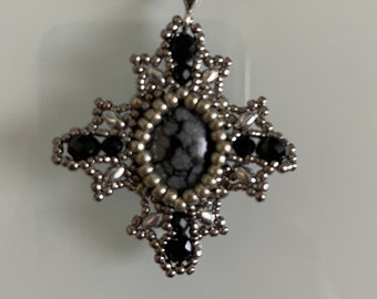 Ornate Black and Silver Iron Cross Necklace - Snowflake Obsidian Cabachon - Pendant - Roman Catholic - Celtic Neckace - Celtic Knot Necklace