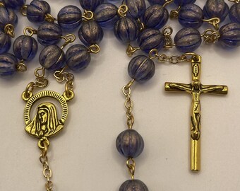 Rosario de cuentas de color azul oscuro, morado y dorado - Cuentas de vidrio en forma de melón - Rosario de oración - Rosario de diez años completo - Rosario católico