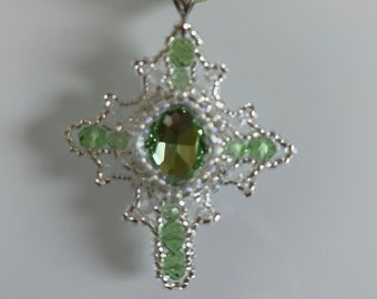 Ornate Clear and Green Cross Necklace - Pendant - Celtic Cross - Roman Catholic - Celtic Neckace - Celtic Knot Necklace