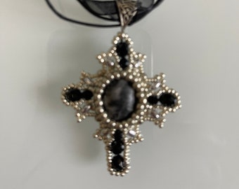 Ornate Black and Carnelian red Cross Necklace - Pendant - Celtic Cross - Roman Catholic - Celtic Neckace - Celtic Knot Necklace