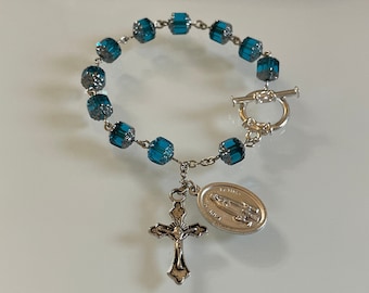 Sapphire Blue and Silver Beaded Rosary (Prayer Beads) Bracelet - Cathedral Beads - Lady of Fatima Medal - FREE USA SHIPPING