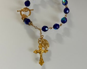 Cobalt Blue and Gold Beaded Rosary (Prayer Beads) Bracelet - Round Czech Glass Beads - Infant of Prague Medal - FREE USA SHIPPING!!!!!