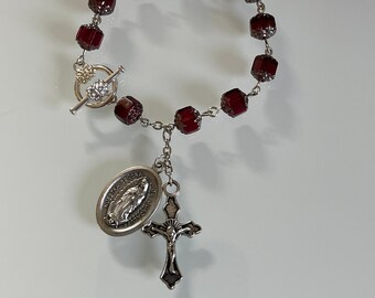 Ruby Red and Silver Beaded Rosary (Prayer Beads) Bracelet - Cathedral Beads - Our Lady of Guadalupe Medal - FREE USA SHIPPING!!!!!