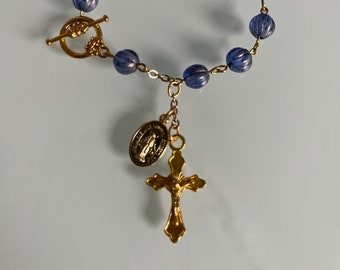 Purple and Gold Beaded Rosary (Prayer Beads) Bracelet - Mary Queen of Heaven Charm Featured - FREE USA SHIPPING!!!!!