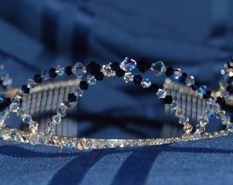 Beautiful Dark Blue and Clear Silver Tiara - Bridal - Formal - FREE SHIPPING