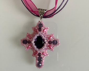 Ornate Silver and Purple Cross Necklace - Pendant - Celtic Cross - Roman Catholic - Celtic Neckace - Celtic Knot Necklace
