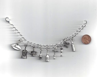 Wine Connoisseur Charm Bracelet - 9 different pewter charms - FREE DOMESTIC SHIPPING