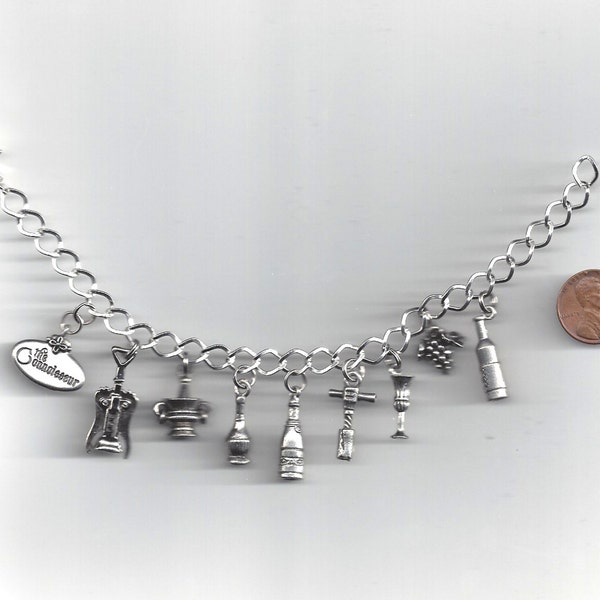 Wine Connoisseur Charm Bracelet - 9 different pewter charms - FREE DOMESTIC SHIPPING